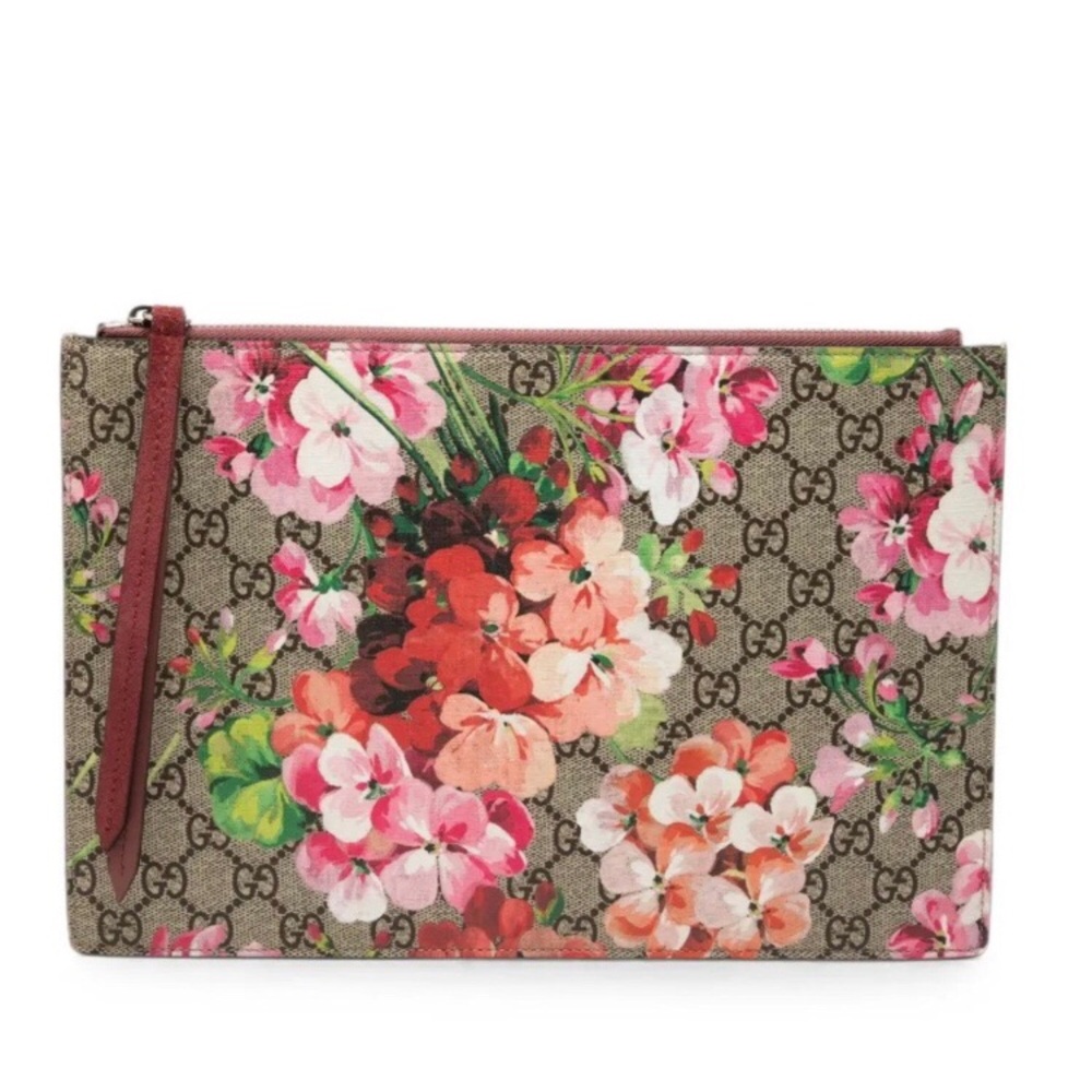 Gucci GG Supreme Floral Blooms Canvas Suede Pouch Clutch Bag Cosmetic Case